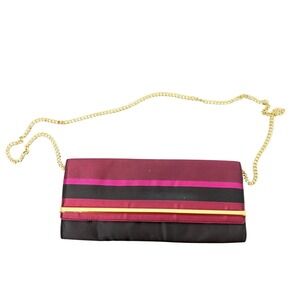 Talbots Womens Silk Striped Clutch Bag OS Maroon Black Gold Chain Strap Evening
